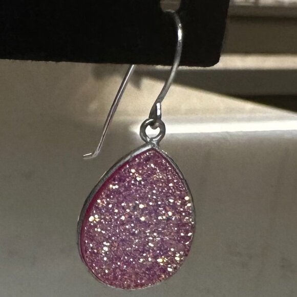 Pink Drusy Teardrop Earrings Sterling Silver - Glitter/Sparkle/Party - Picture 3 of 5